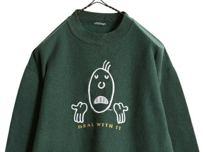 90s アート イラスト 刺繍 スウェット メンズ レディース S 程/ 90年代 オールド 当時物 キャラクター メッセージ 裏起毛 クルーネック 緑