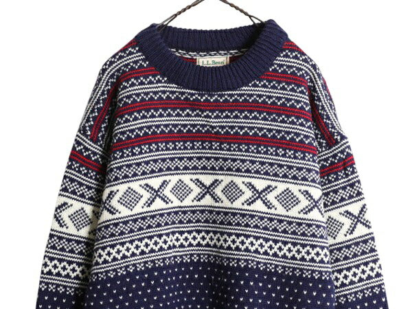 80s ノルウェー製 エルエルビーン ノルディック ウール ニット セーター L 古着 80年代 ヴィンテージ LLBEAN バーズアイ フェアアイル 総柄