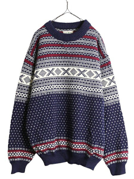 80s ノルウェー製 エルエルビーン ノルディック ウール ニット セーター L 古着 80年代 ヴィンテージ LLBEAN バーズアイ フェアアイル 総柄