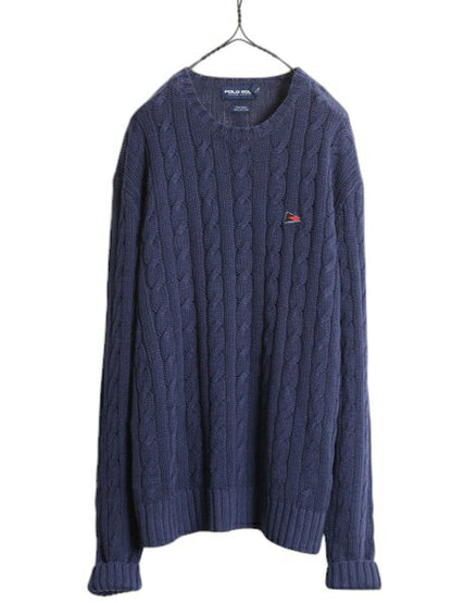 90s ポロゴルフ ラルフローレン ケーブル ニット セーター メンズ XL 古着 オールド POLO GOLF リネン コットン ワンポイント 大きいサイズ