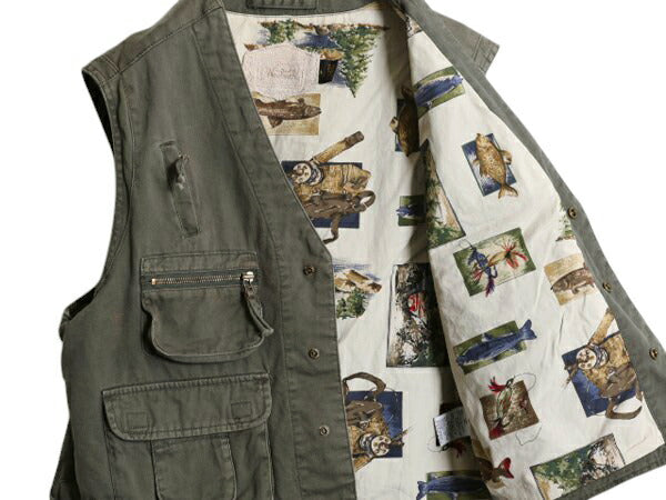 90s ウールリッチ フィッシング ベスト メンズ L 古着 オールド Woolrich フルジップ ハンティング  サファリ アウトドア コットン 重ね着