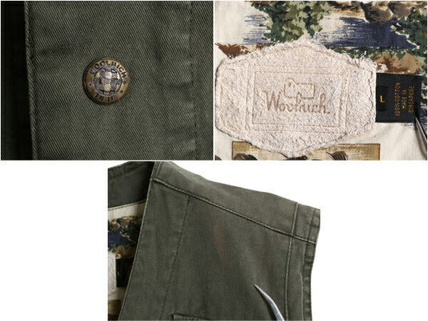 90s ウールリッチ フィッシング ベスト メンズ L 古着 オールド Woolrich フルジップ ハンティング  サファリ アウトドア コットン 重ね着