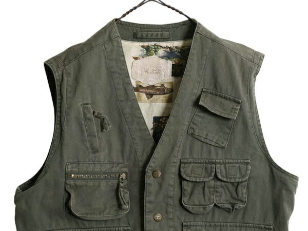 90s ウールリッチ フィッシング ベスト メンズ L 古着 オールド Woolrich フルジップ ハンティング  サファリ アウトドア コットン 重ね着