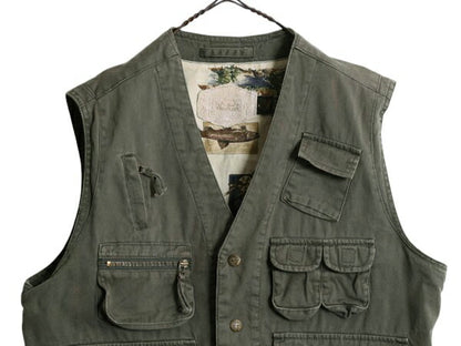 90s ウールリッチ フィッシング ベスト メンズ L 古着 オールド Woolrich フルジップ ハンティング  サファリ アウトドア コットン 重ね着