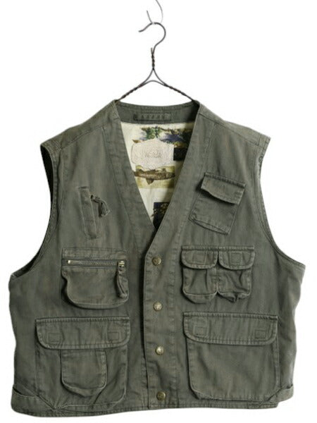 90s ウールリッチ フィッシング ベスト メンズ L 古着 オールド Woolrich フルジップ ハンティング  サファリ アウトドア コットン 重ね着