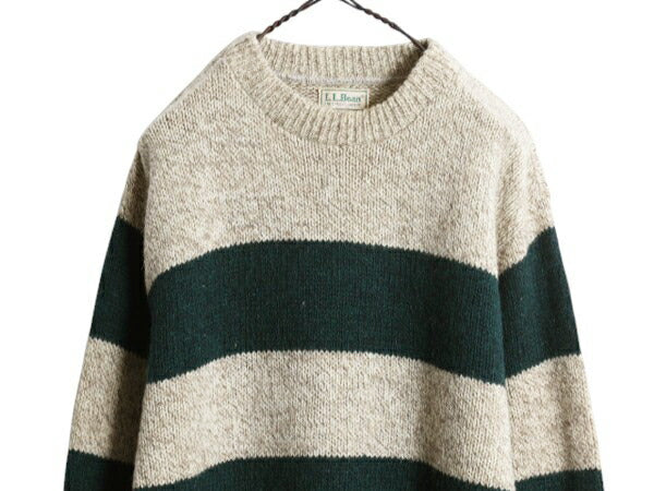 80s USA製 エルエルビーン ワイド ボーダー ウール ニット セーター メンズ M 古着 ヴィンテージ LLBEAN アウトドア ツートン クルーネック