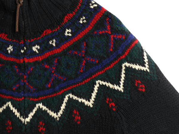 90s 手編み ラルフローレン フルジップ ハンド ニット セーター レディース M オールド ポロ ジャケット ハイネック ノルディック 総柄 黒