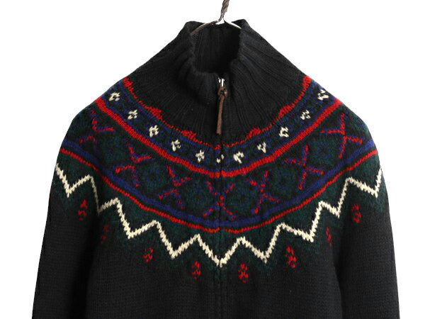 90s 手編み ラルフローレン フルジップ ハンド ニット セーター レディース M オールド ポロ ジャケット ハイネック ノルディック 総柄 黒