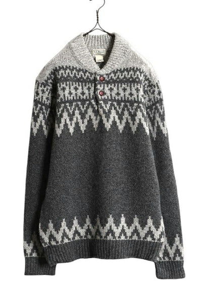 00s エルエルビーン ヘンリーネック ラム ウール ニット セーター メンズ M / 古着 LLBEAN 00年代 オールド ノルディック 総柄 アウトドア