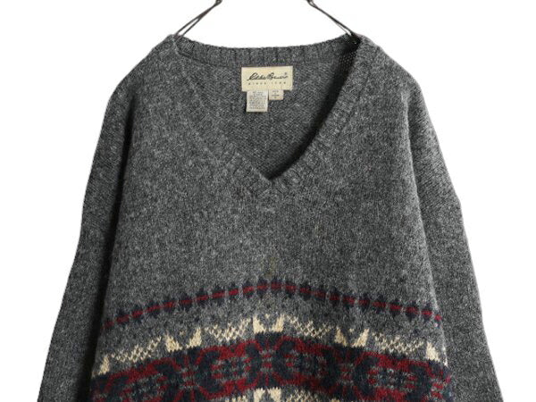 90s USA製 エディーバウアー Vネック 二ット セーター メンズ L / 古着 Eddie Bauer 90年代 オールド ウール ノルディック ミドルゲージ 灰