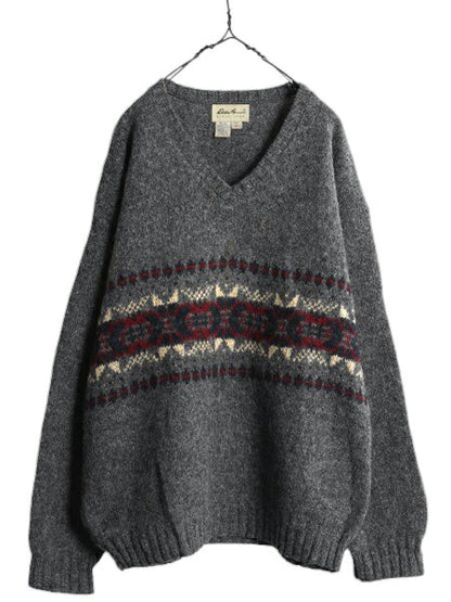 90s USA製 エディーバウアー Vネック 二ット セーター メンズ L / 古着 Eddie Bauer 90年代 オールド ウール ノルディック ミドルゲージ 灰