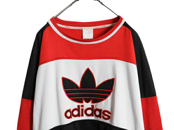 80s アディダス トレフォイル ロゴ 刺繍 ジャージ スウェット メンズ L 程/ ヴィンテージ ADIDAS 裏起毛 トレーナー クルーネック トリコ