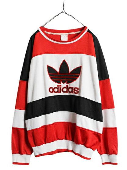 80s アディダス トレフォイル ロゴ 刺繍 ジャージ スウェット メンズ L 程/ ヴィンテージ ADIDAS 裏起毛 トレーナー クルーネック トリコ
