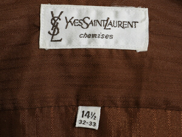 80s イヴサンローラン ストライプ 長袖 シャツ メンズ S 古着 ヴィンテージ ワイシャツ ドレス YSL 織り柄 モノグラム 茶 シワになりにくい