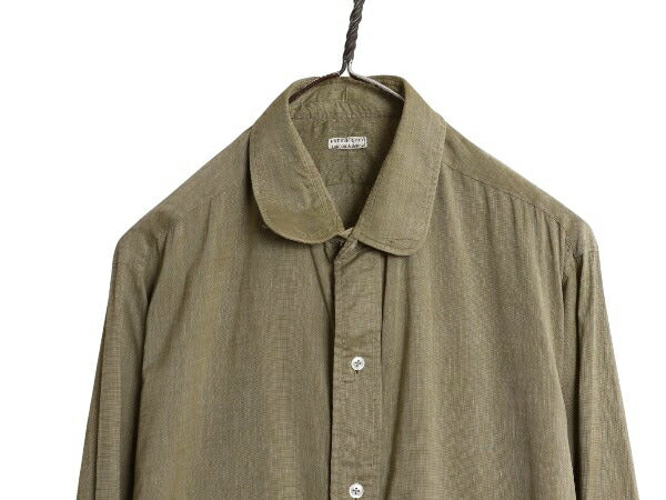 ピスポーク 30s 40s イギリス製 HILDITCH&KEY 長袖 シャツ メンズ L 古着 ユーロ ヴィンテージ マチ付き ドレス ダブルカフス 無地 カーキ