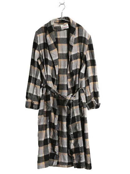 60s JCPENNY STAFFORD チェック ガウン コート メンズ M 程 古着 ヴィンテージ ロング丈 ローブ ルームウェア コットン ウール フランネル