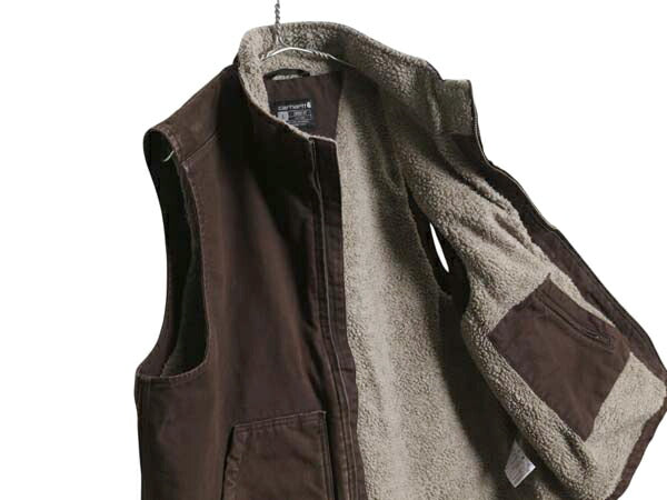 US企画 カーハート モックネック ダック ベスト メンズ L 古着 CARHARTT 裏 ボア パイル フリース フルジップ ワーク 重ね着 前開き 濃茶