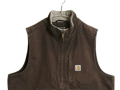 US企画 カーハート モックネック ダック ベスト メンズ L 古着 CARHARTT 裏 ボア パイル フリース フルジップ ワーク 重ね着 前開き 濃茶