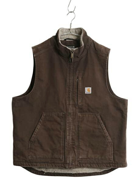 US企画 カーハート モックネック ダック ベスト メンズ L 古着 CARHARTT 裏 ボア パイル フリース フルジップ ワーク 重ね着 前開き 濃茶