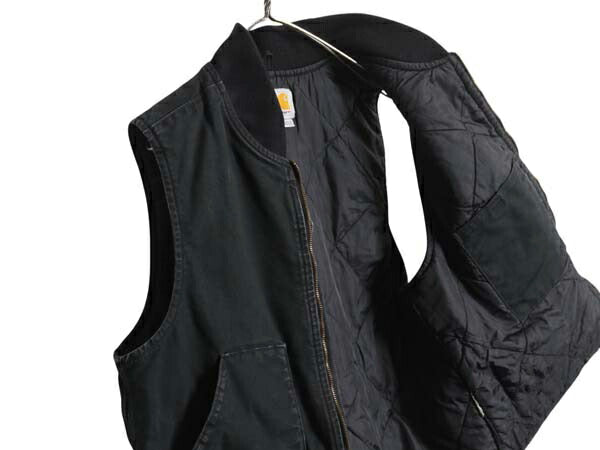 US企画 カーハート 中綿 ダック ベスト メンズ L 古着 CARHARTT ナイロン キルティング ライナー フルジップ 重ね着 前開き ワーク 無地 黒