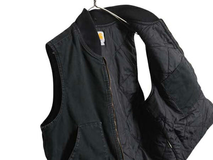 US企画 カーハート 中綿 ダック ベスト メンズ L 古着 CARHARTT ナイロン キルティング ライナー フルジップ 重ね着 前開き ワーク 無地 黒