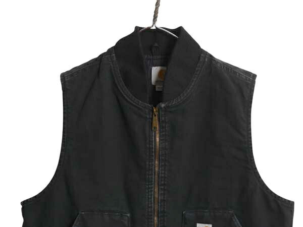 US企画 カーハート 中綿 ダック ベスト メンズ L 古着 CARHARTT ナイロン キルティング ライナー フルジップ 重ね着 前開き ワーク 無地 黒