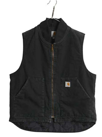 US企画 カーハート 中綿 ダック ベスト メンズ L 古着 CARHARTT ナイロン キルティング ライナー フルジップ 重ね着 前開き ワーク 無地 黒