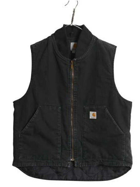 US企画 カーハート 中綿 ダック ベスト メンズ L 古着 CARHARTT ナイロン キルティング ライナー フルジップ 重ね着 前開き ワーク 無地 黒
