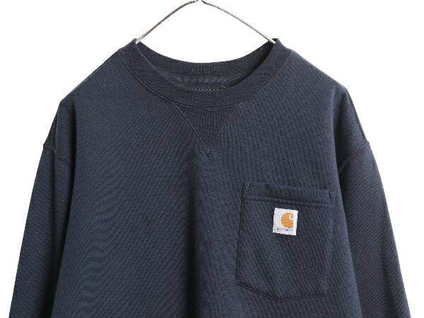US企画 カーハート ポケット付き クルーネック スウェット メンズ L / 古着 裏起毛 トレーナー ワンポイント ロゴ ミッドウェイト 前V 紺