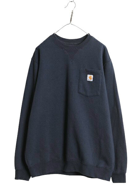 US企画 カーハート ポケット付き クルーネック スウェット メンズ L / 古着 裏起毛 トレーナー ワンポイント ロゴ ミッドウェイト 前V 紺