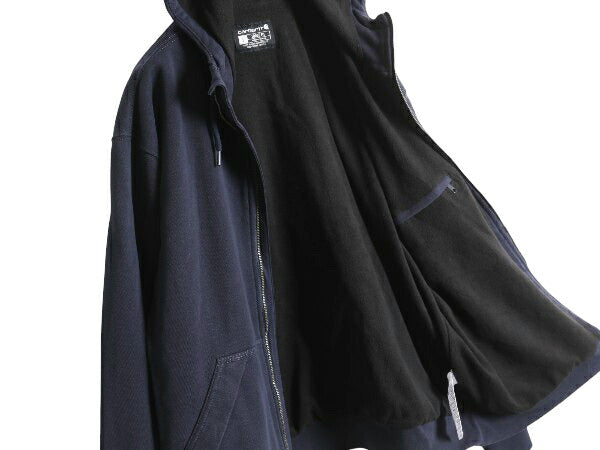US企画 カーハート 裏 フリース フルジップ スウェット パーカー メンズ L /袖プリント ジャケット トレーナー Rain Defender 撥水加工 紺
