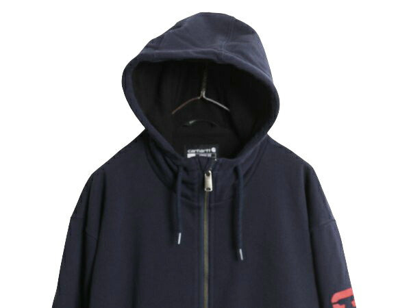 US企画 カーハート 裏 フリース フルジップ スウェット パーカー メンズ L /袖プリント ジャケット トレーナー Rain Defender 撥水加工 紺