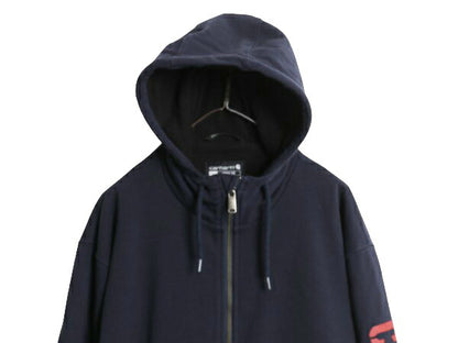 US企画 カーハート 裏 フリース フルジップ スウェット パーカー メンズ L /袖プリント ジャケット トレーナー Rain Defender 撥水加工 紺