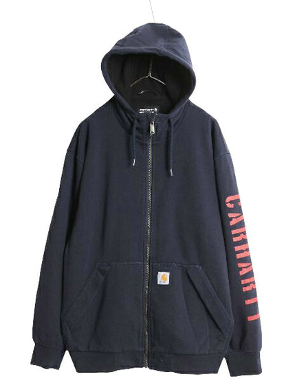 US企画 カーハート 裏 フリース フルジップ スウェット パーカー メンズ L /袖プリント ジャケット トレーナー Rain Defender 撥水加工 紺