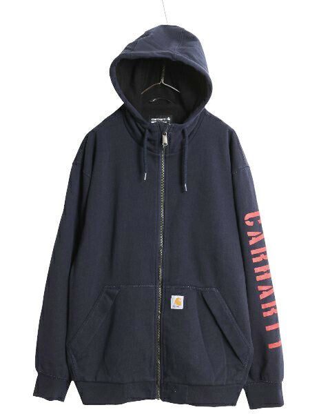 US企画 カーハート 裏 フリース フルジップ スウェット パーカー メンズ L /袖プリント ジャケット トレーナー Rain Defender 撥水加工 紺