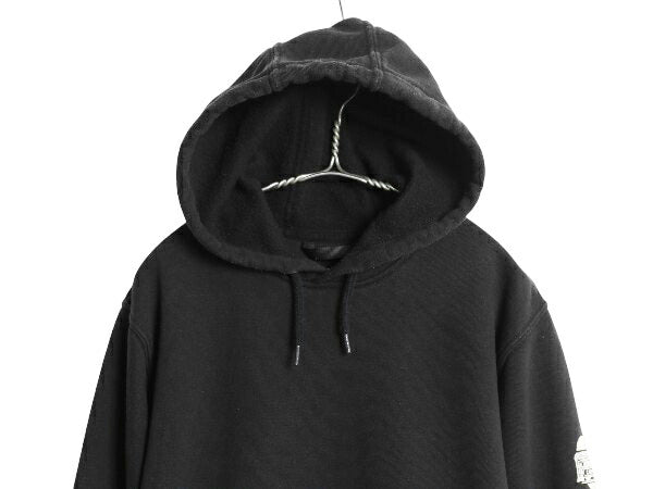 US企画 カーハート スウェット フード パーカー メンズ S 古着 袖 ロゴ プリント トレーナー 裏起毛 プルオーバー ミドルウェイト ブラック