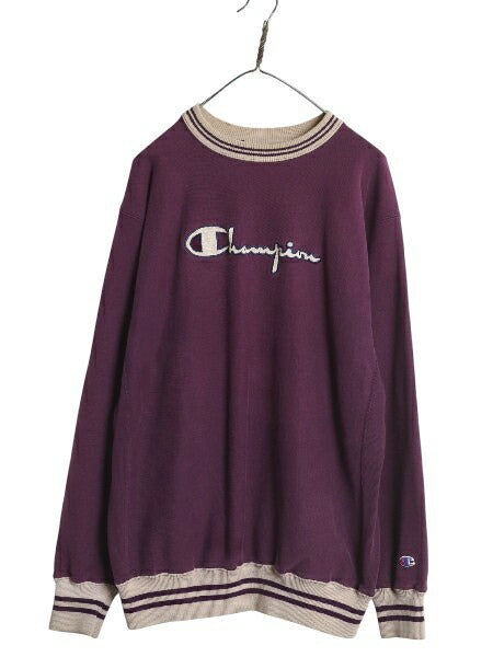90s USA製 チャンピオン リバースウィーブ スウェット メンズ XXL 古着 オールド トレーナー 裏起毛 スクリプト ロゴ 刺繍 目付き パープル
