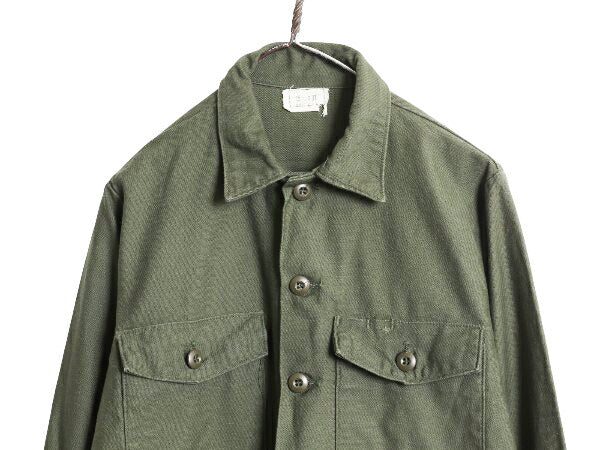 70s 米軍実物 US ARMY コットン サテン ユーティリティ シャツ メンズ M 古着 ヴィンテージ 76年製 ミリタリー OG107 シャツ袖 4th 軍物 OD