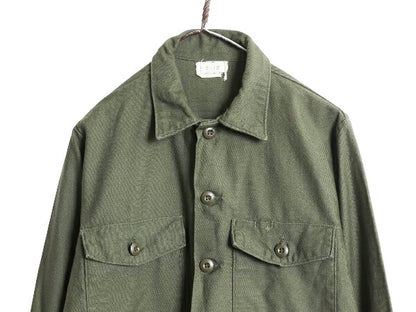 70s 米軍実物 US ARMY コットン サテン ユーティリティ シャツ メンズ M 古着 ヴィンテージ 76年製 ミリタリー OG107 シャツ袖 4th 軍物 OD
