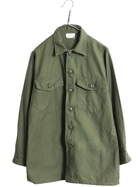 70s 米軍実物 US ARMY コットン サテン ユーティリティ シャツ メンズ M 古着 ヴィンテージ 76年製 ミリタリー OG107 シャツ袖 4th 軍物 OD