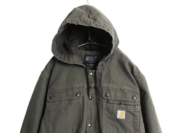 US企画 カーハート ダック パーカー ジャケット メンズ XL / 裏 ボア パイル フリース ワーク フード ブルゾン オリーブ 廃盤 大きいサイズ