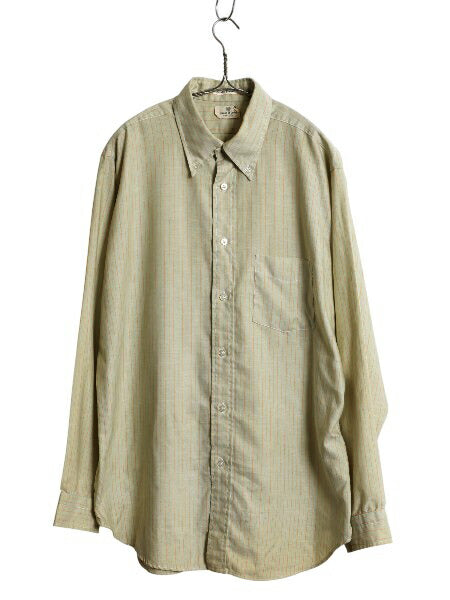 60s House of Yorke ストライプ 3点留め ボタンダウン 長袖 シャツ メンズ L ヴィンテージ オックスフォード シワになりにくい カジュアル