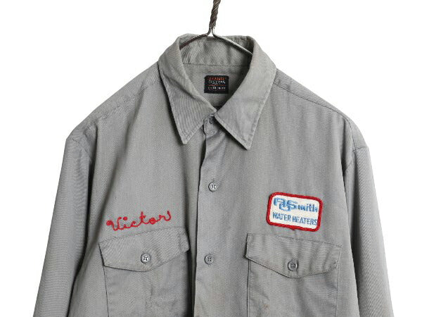 雰囲気系 70s USA製 リー チェトパ ツイル 長袖 ワーク シャツ メンズ L / ヴィンテージ 企業 ワッペン チェーンステッチ シワになりにくい