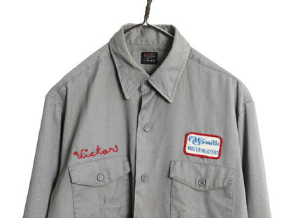 雰囲気系 70s USA製 リー チェトパ ツイル 長袖 ワーク シャツ メンズ L / ヴィンテージ 企業 ワッペン チェーンステッチ シワになりにくい