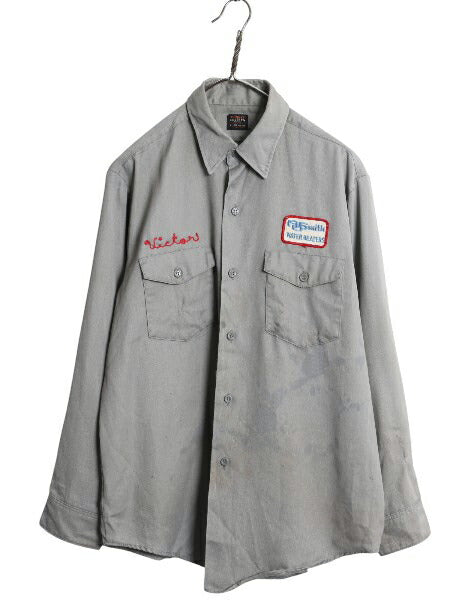 雰囲気系 70s USA製 リー チェトパ ツイル 長袖 ワーク シャツ メンズ L / ヴィンテージ 企業 ワッペン チェーンステッチ シワになりにくい