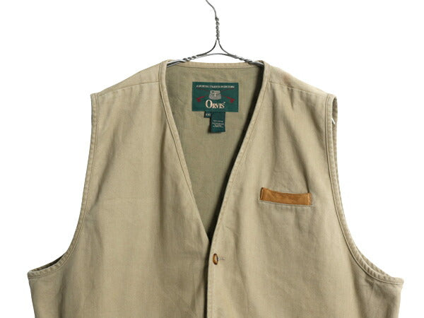 90s オービス コットン ベスト メンズ XXL / 古着 オールド 本革 レザー 重ね着 前開き サファリ ハンティング アウトドア 大きいサイズ