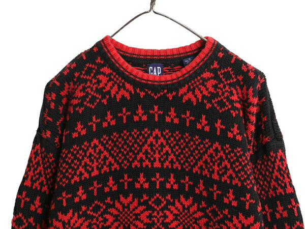90s オールド ギャップ ノルディック コットン ニット セーター メンズ M / フェアアイル 総柄 バーズアイ 紺タグ ツートン ヘビーウェイト