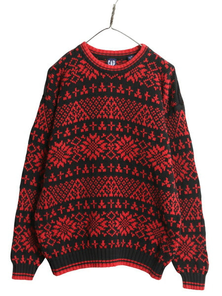 90s オールド ギャップ ノルディック コットン ニット セーター メンズ M / フェアアイル 総柄 バーズアイ 紺タグ ツートン ヘビーウェイト