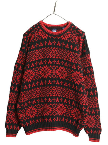 90s オールド ギャップ ノルディック コットン ニット セーター メンズ M / フェアアイル 総柄 バーズアイ 紺タグ ツートン ヘビーウェイト