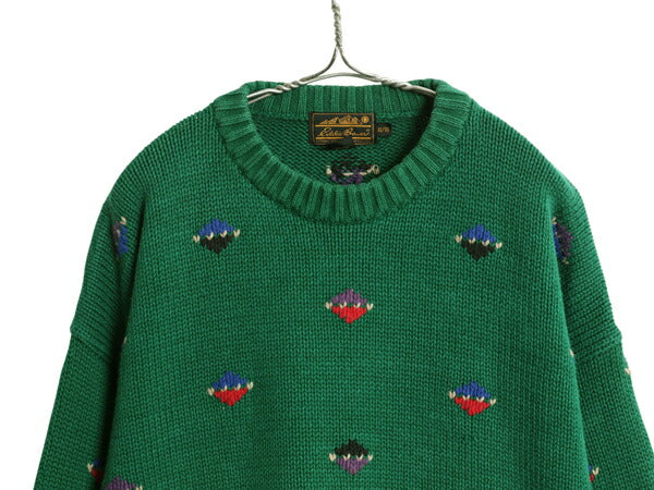 90s イギリス製 エディーバウアー 総柄 デザイン 二ット セーター メンズ XL / オールド 大きいサイズ バーズアイ ヘビーウェイト コットン